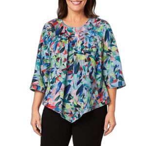 Soft Surroundings Siesta Key Blue Multi Leaf Print Gauze 3/4 Sleeve Tunic Sz PM